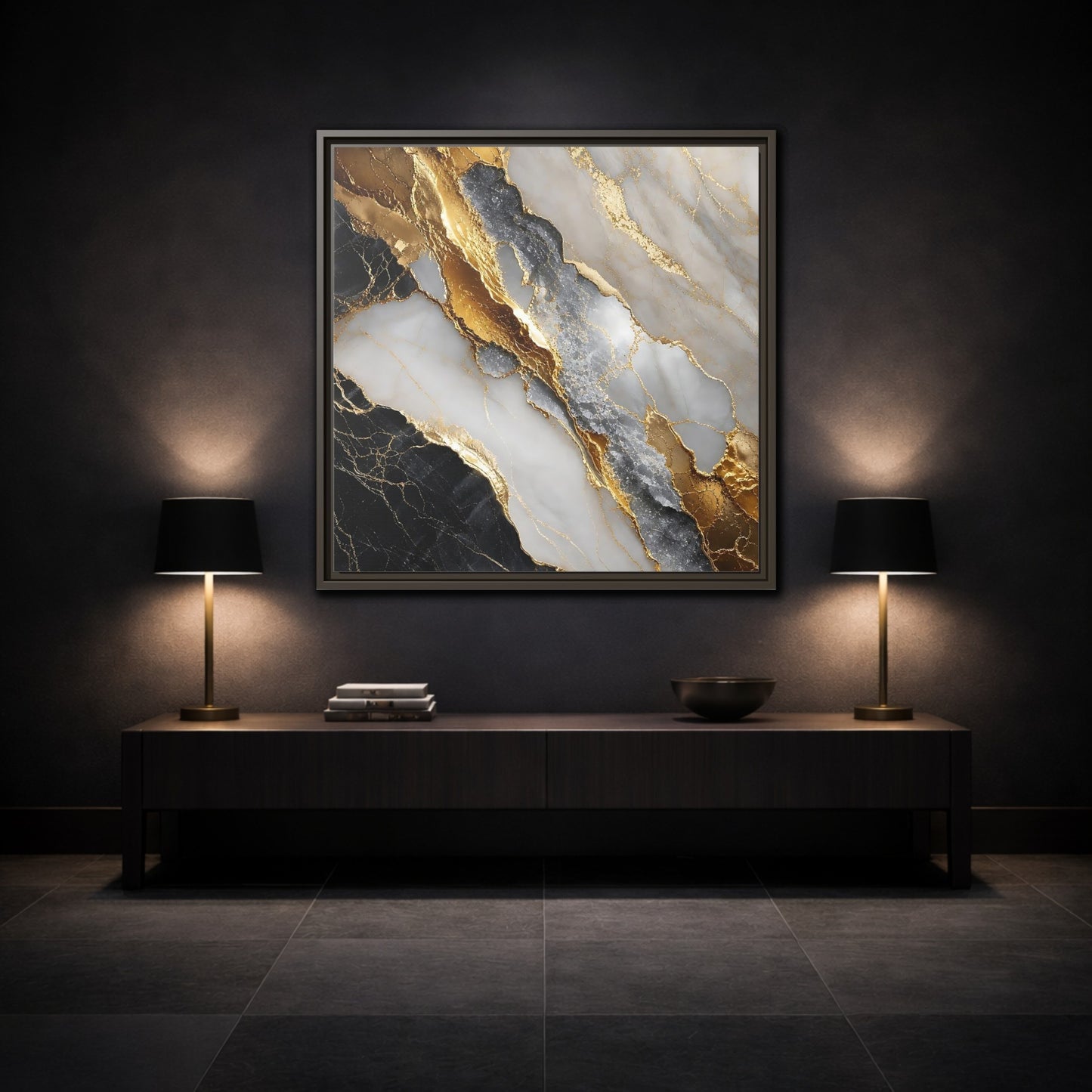 Mockup 3. Gold Veined Marble shown as framed canvas print