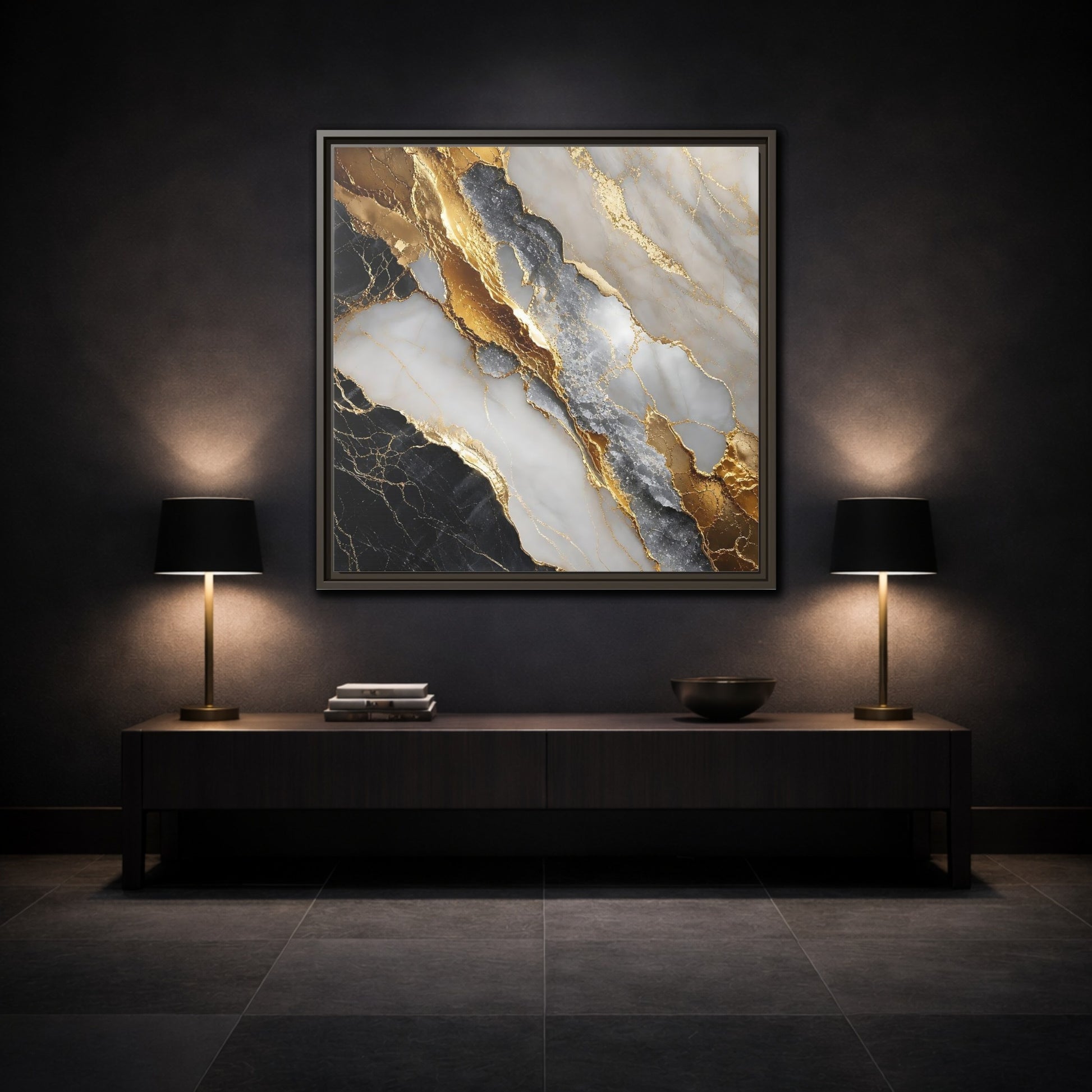Mockup 3. Gold Veined Marble shown as framed canvas print