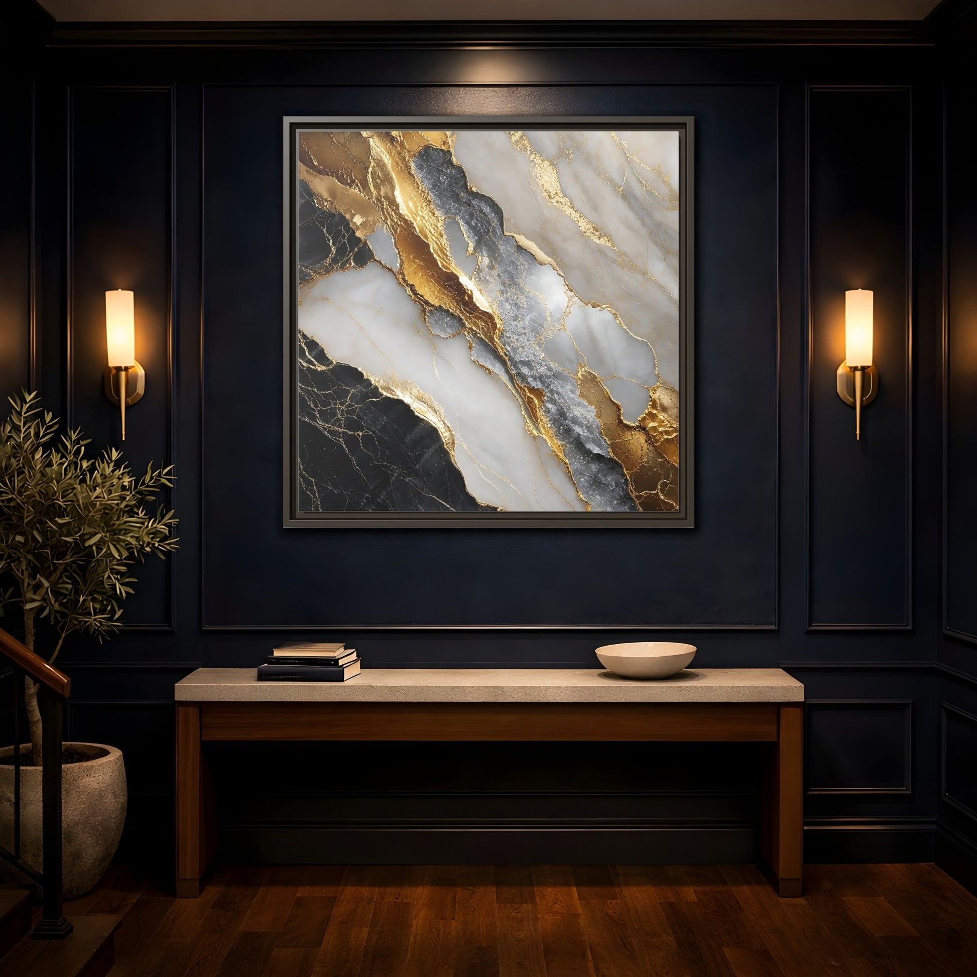 Mockup 4. Gold Veined Marble shown as framed canvas print