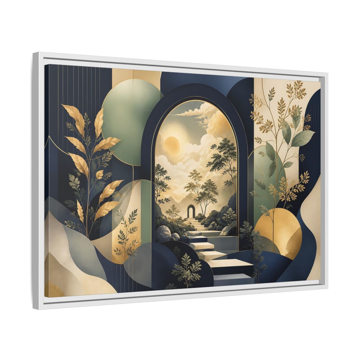 Side Mockup 10. Golden Archway Horizon shown as framed canvas print
