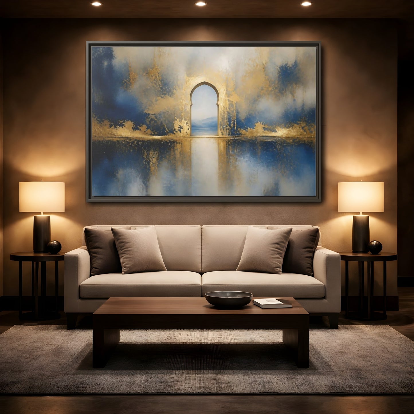 Mockup 2. Golden Archway Reflection shown as framed canvas print