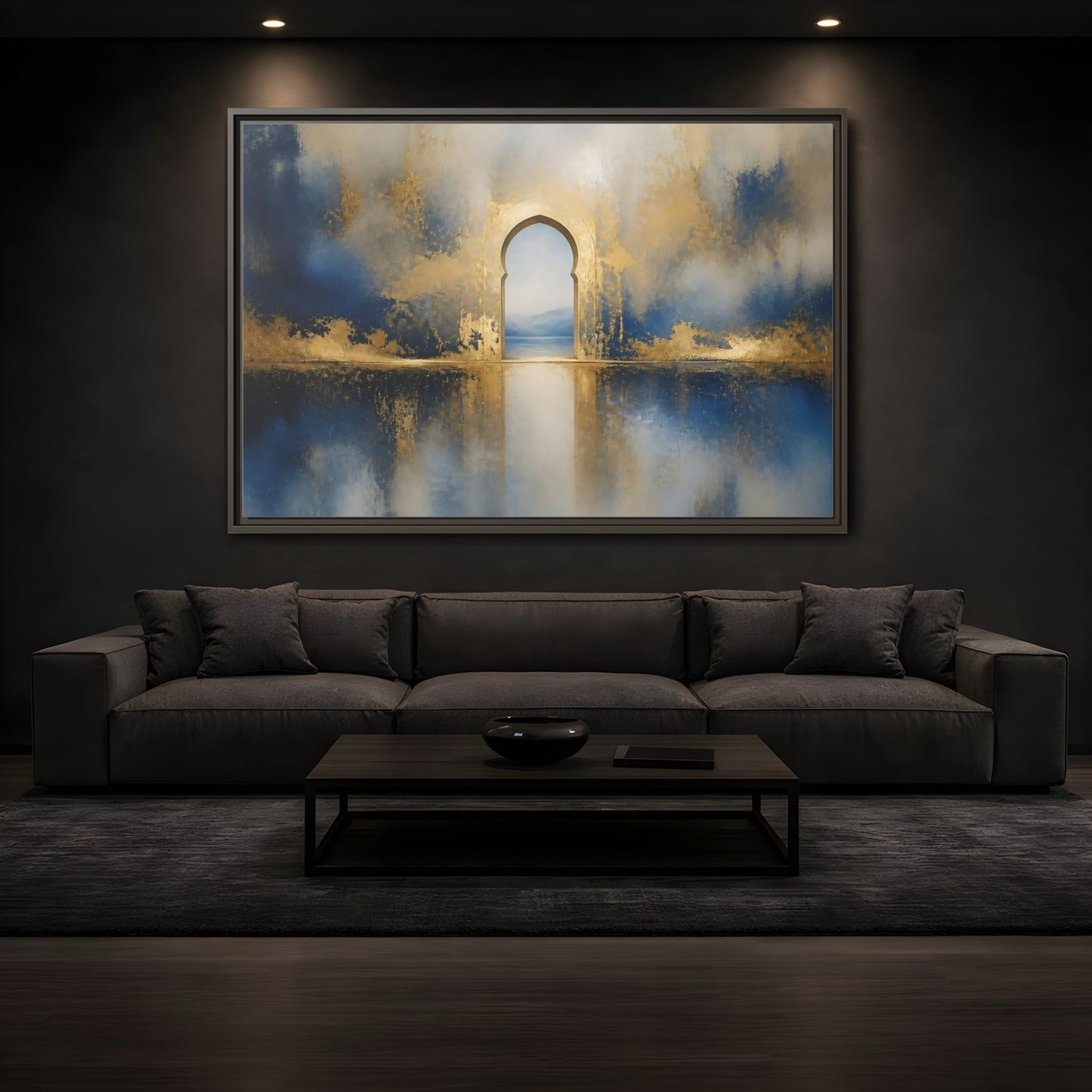 Mockup 3. Golden Archway Reflection shown as framed canvas print