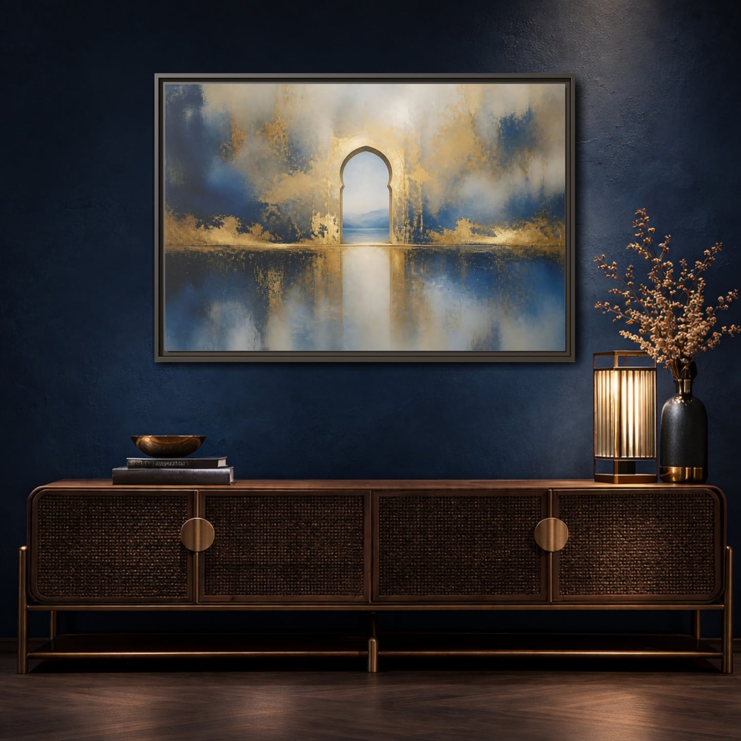 Mockup 4. Golden Archway Reflection shown as framed canvas print