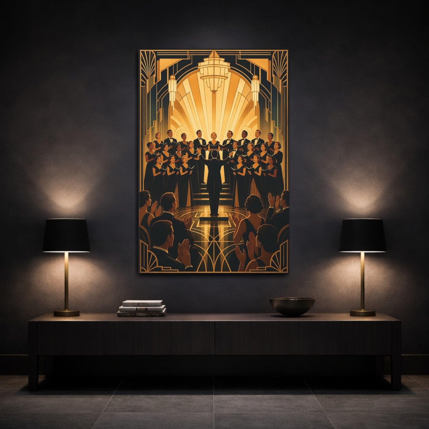 Mockup 3. Golden Art Deco Choir shown as canvas print