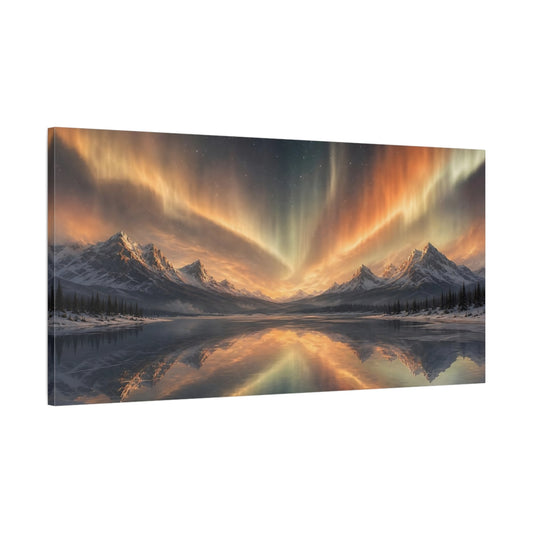 Main Mockup. Golden Aurora Over Peaks shown as canvas print