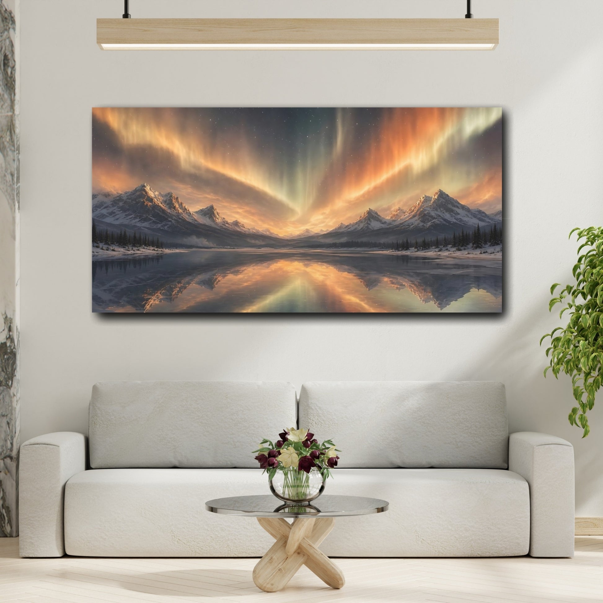 Mockup 2. Golden Aurora Over Peaks shown as canvas print