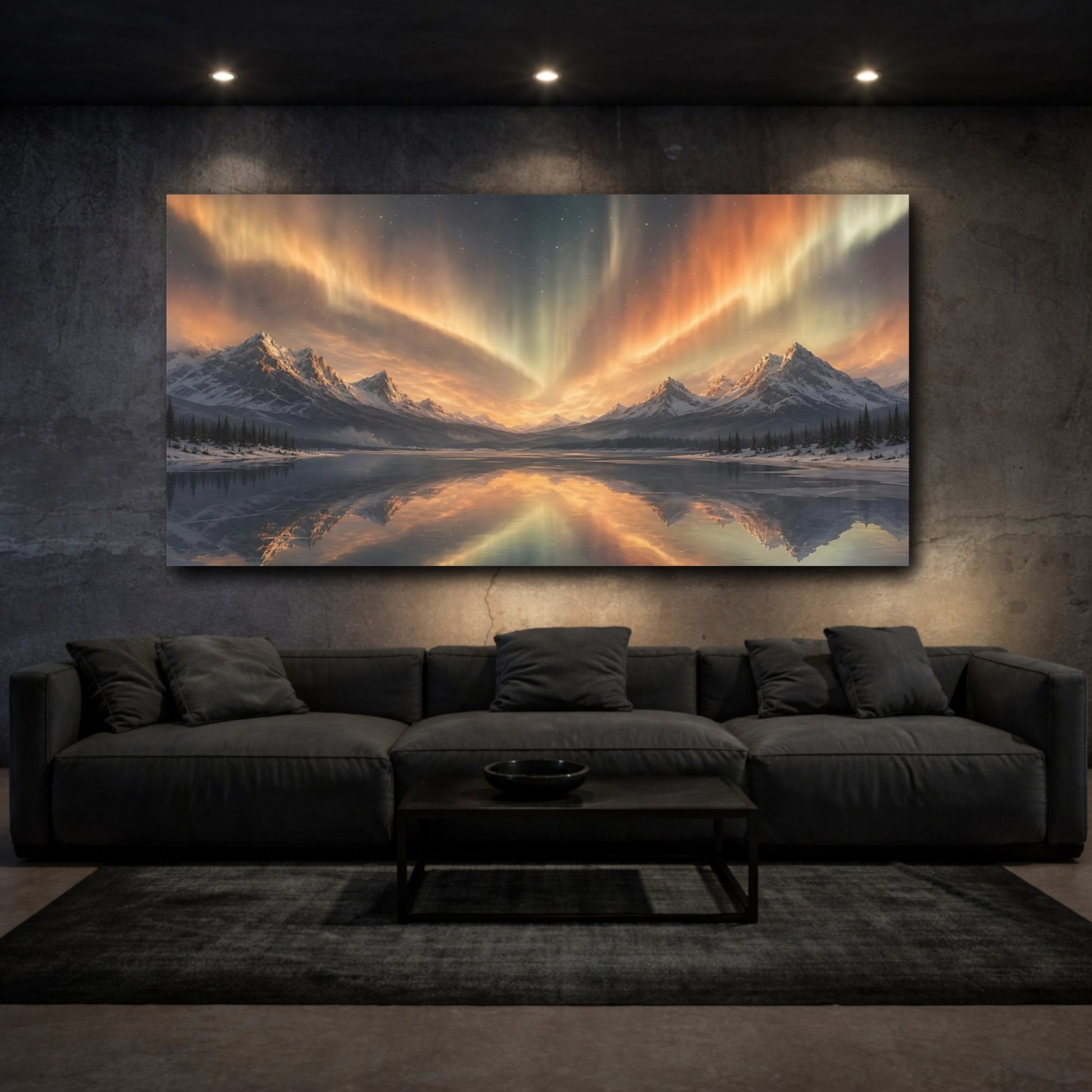 Mockup 3. Golden Aurora Over Peaks shown as canvas print