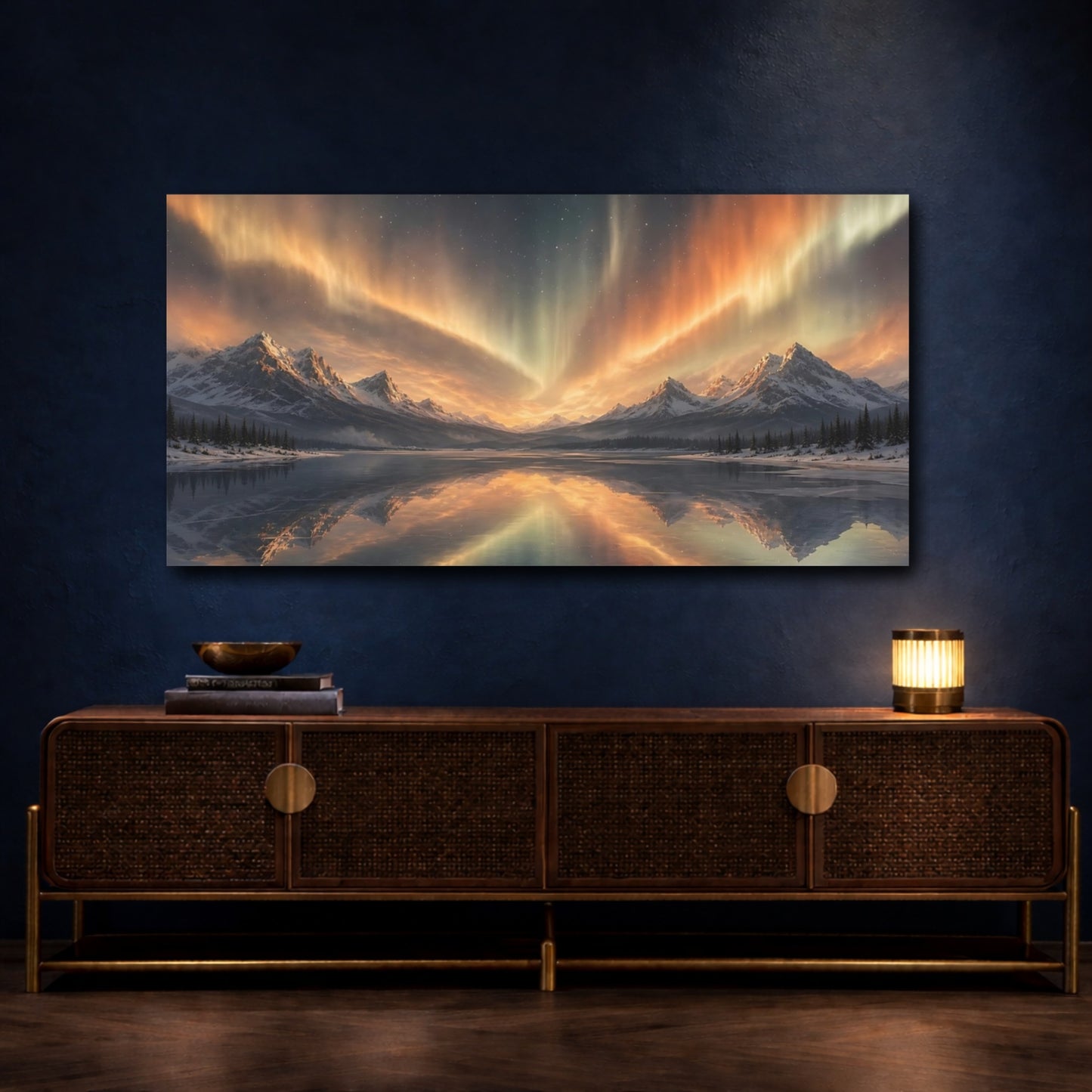 Mockup 4. Golden Aurora Over Peaks shown as canvas print