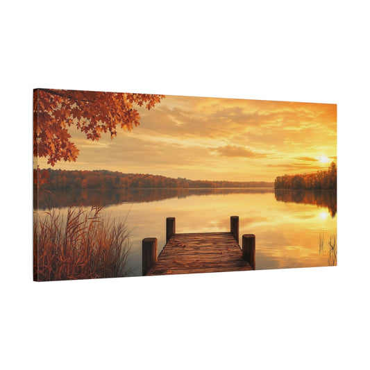 Main Mockup. Golden Autumn Lake Dock shown as canvas print