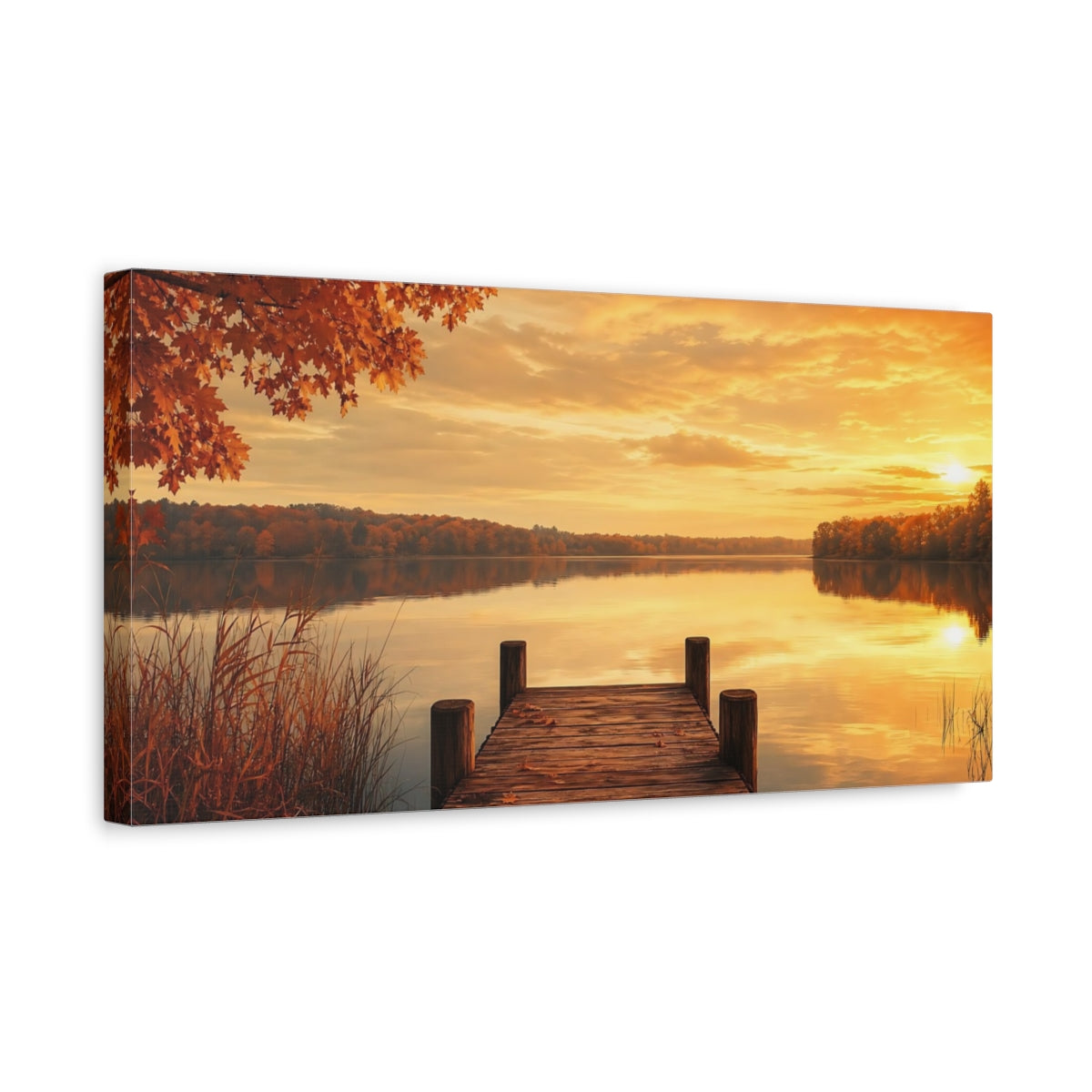 Side Mockup 3. Golden Autumn Lake Dock shown as canvas print