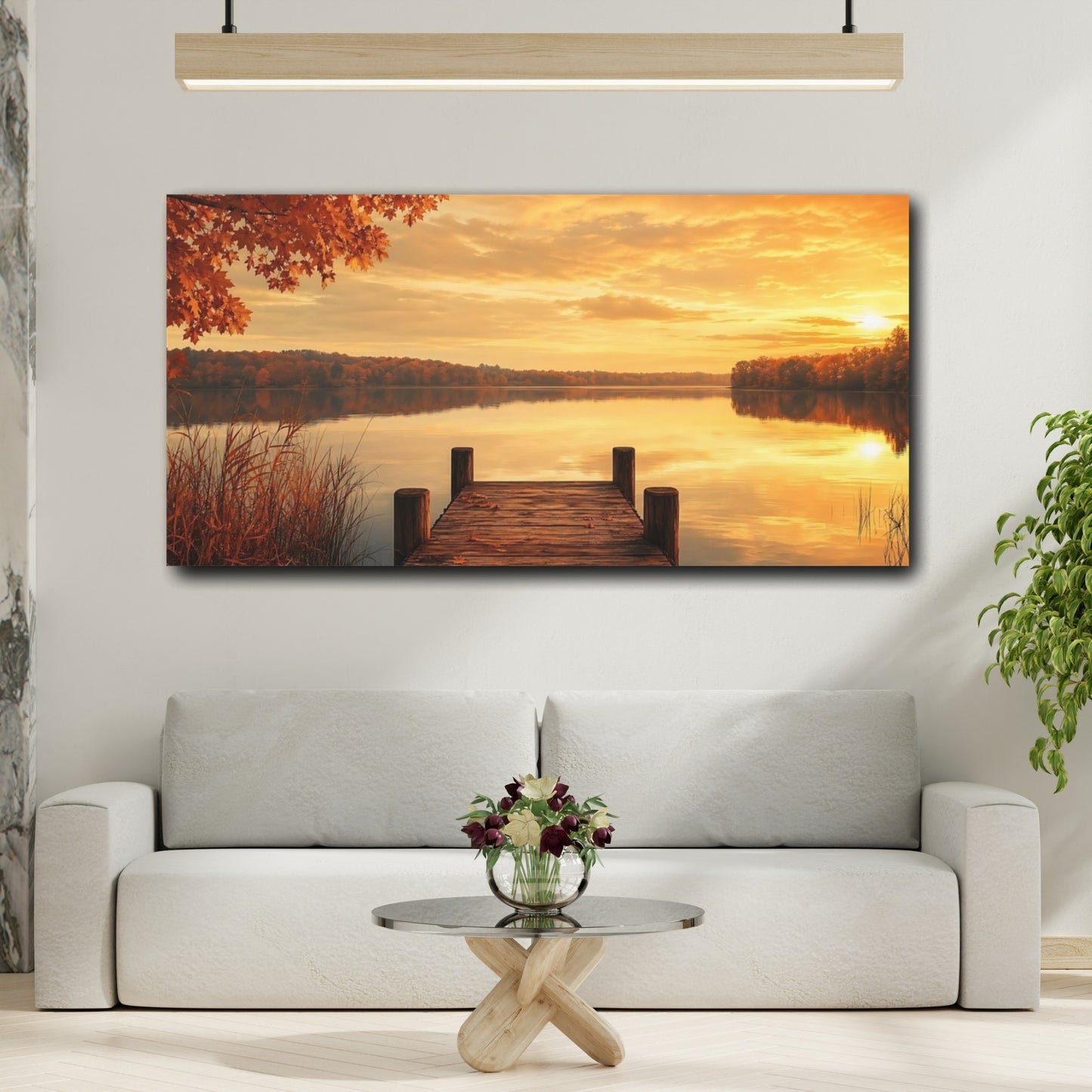 Mockup 2. Golden Autumn Lake Dock shown as canvas print