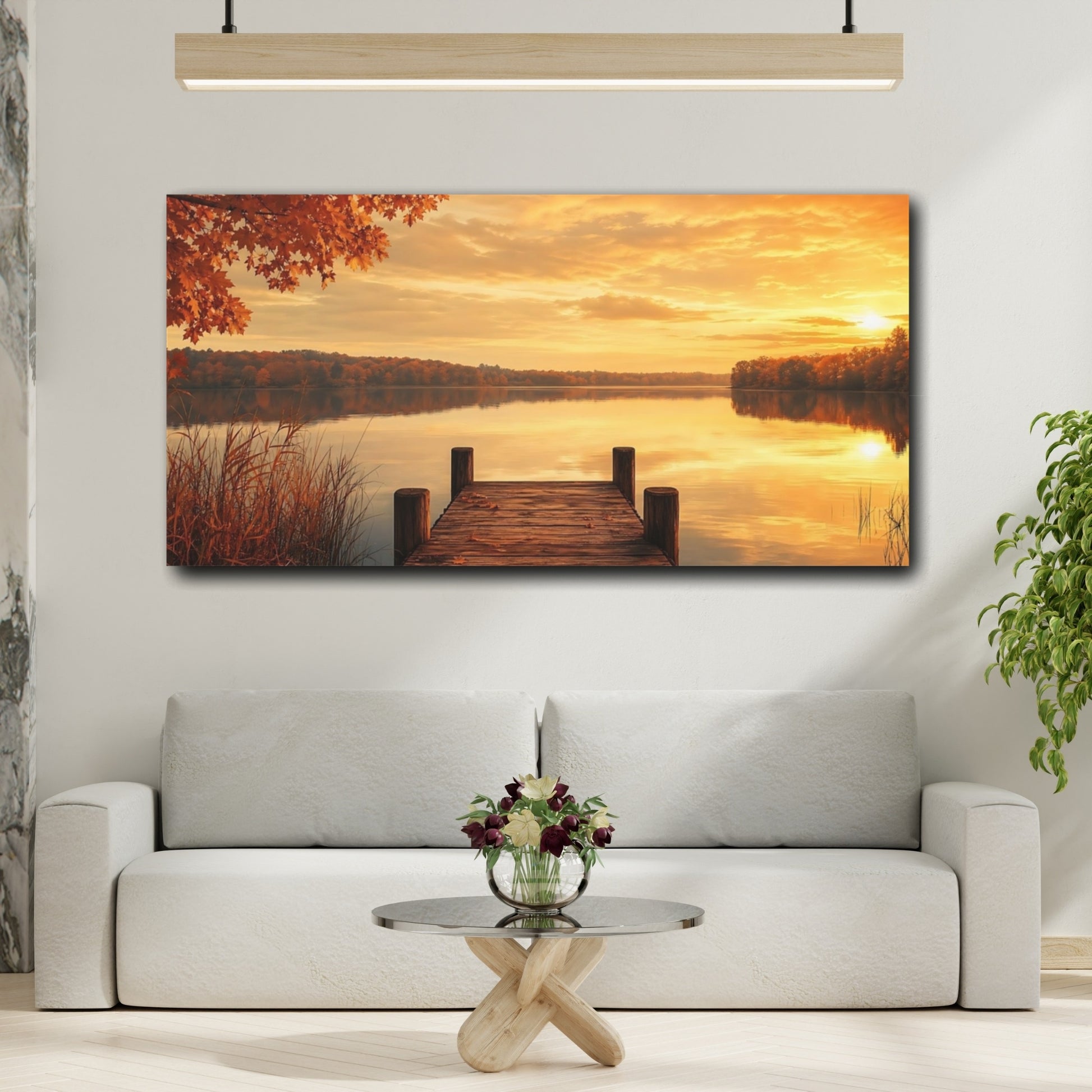 Mockup 2. Golden Autumn Lake Dock shown as canvas print