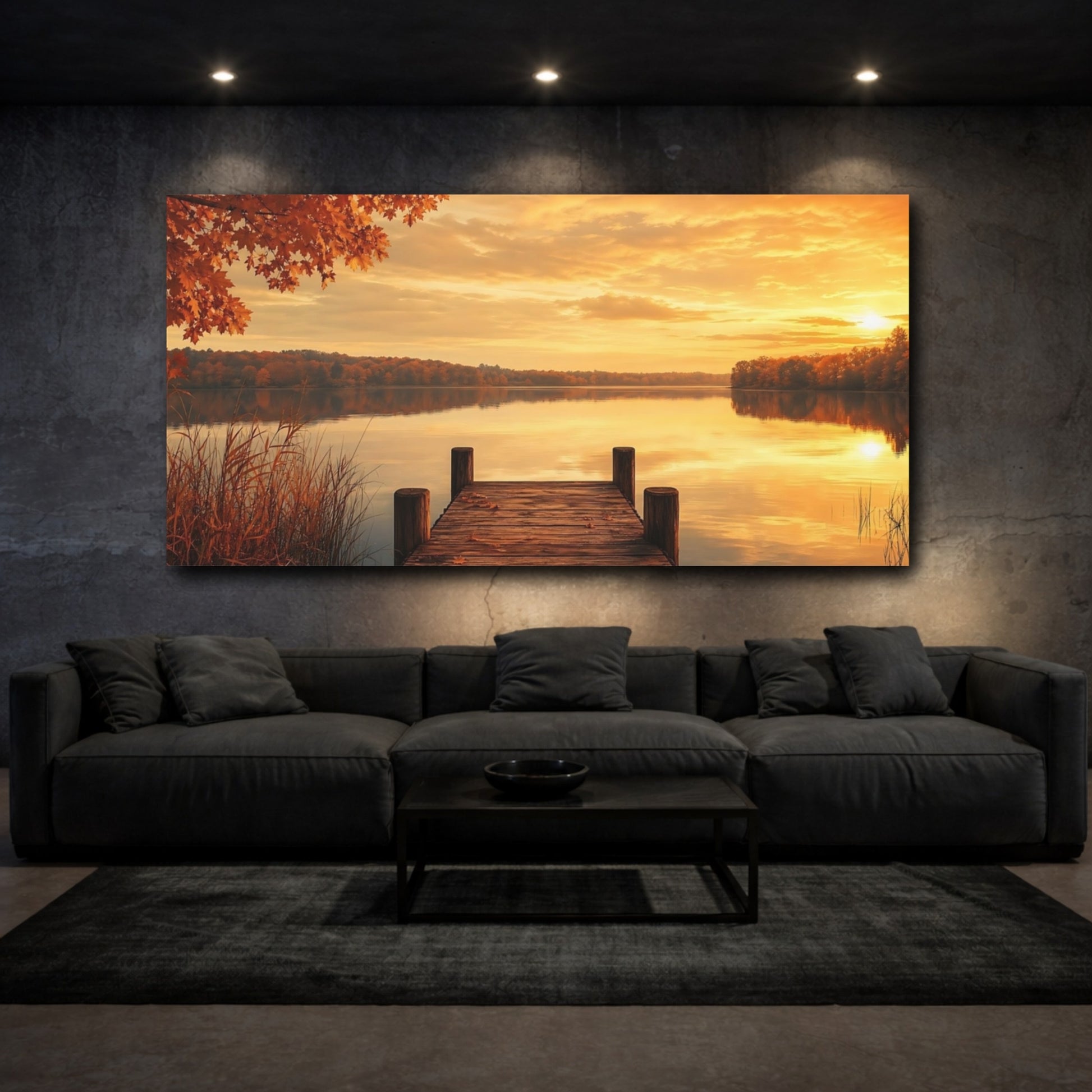 Mockup 3. Golden Autumn Lake Dock shown as canvas print