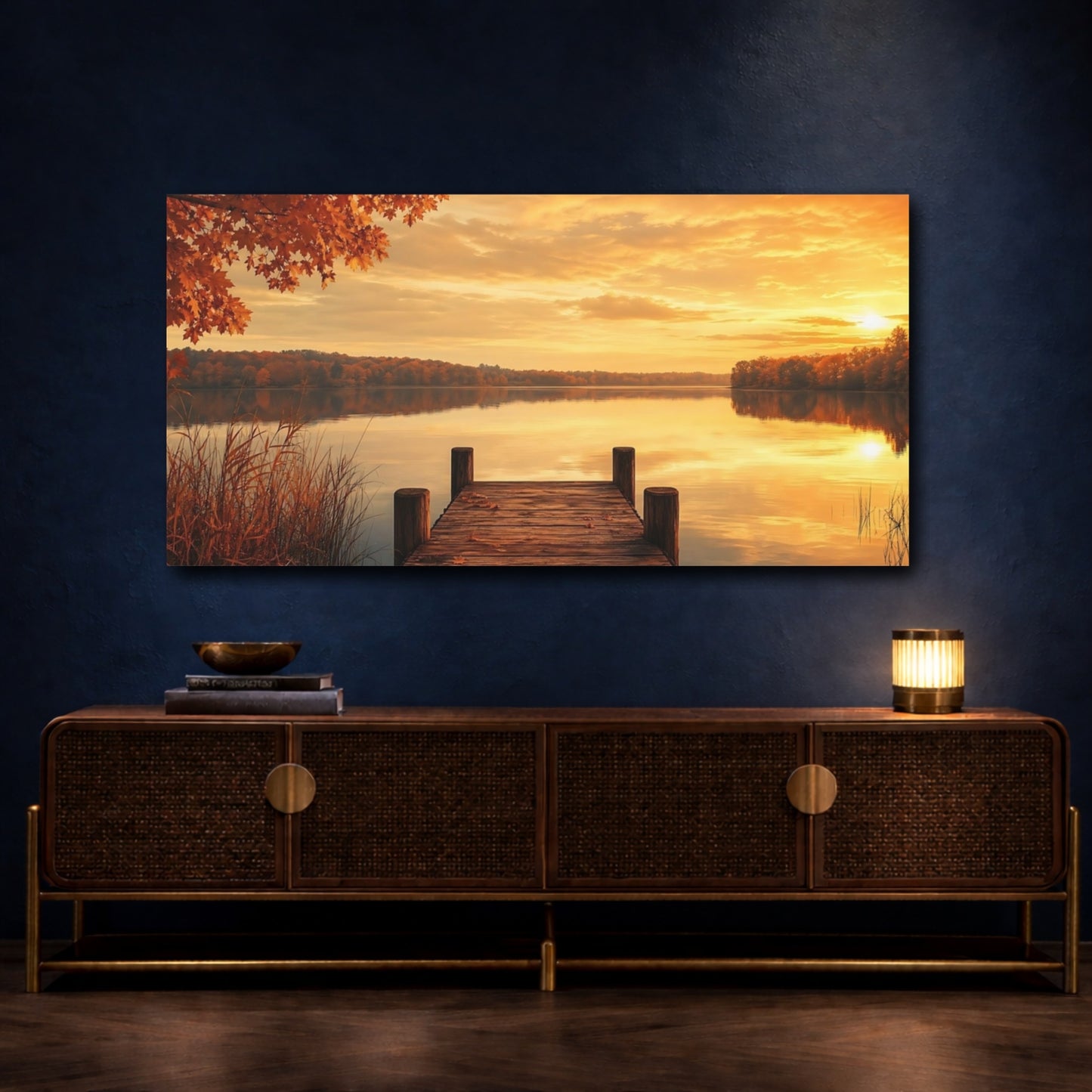 Mockup 4. Golden Autumn Lake Dock shown as canvas print