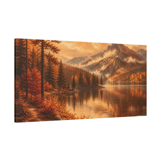 Main Mockup. Golden Autumn Mountain Lake shown as canvas print