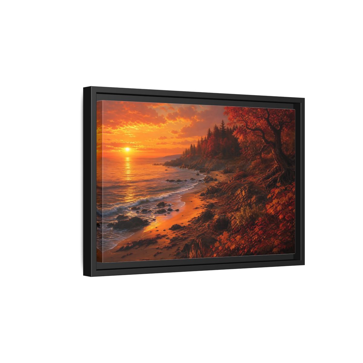 Side Mockup 6. Golden Autumn Shoreline shown as framed canvas print