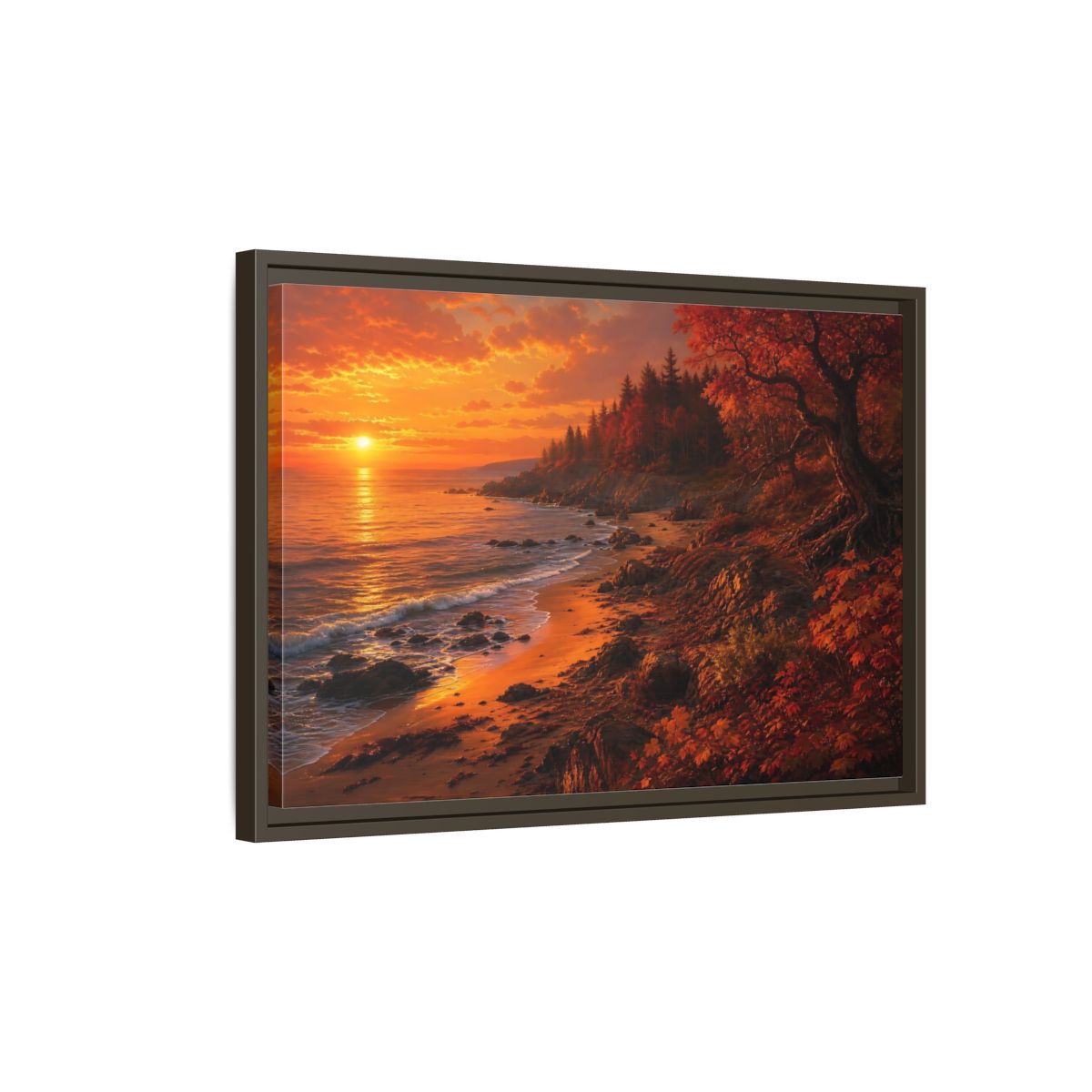 Side Mockup 2. Golden Autumn Shoreline shown as framed canvas print
