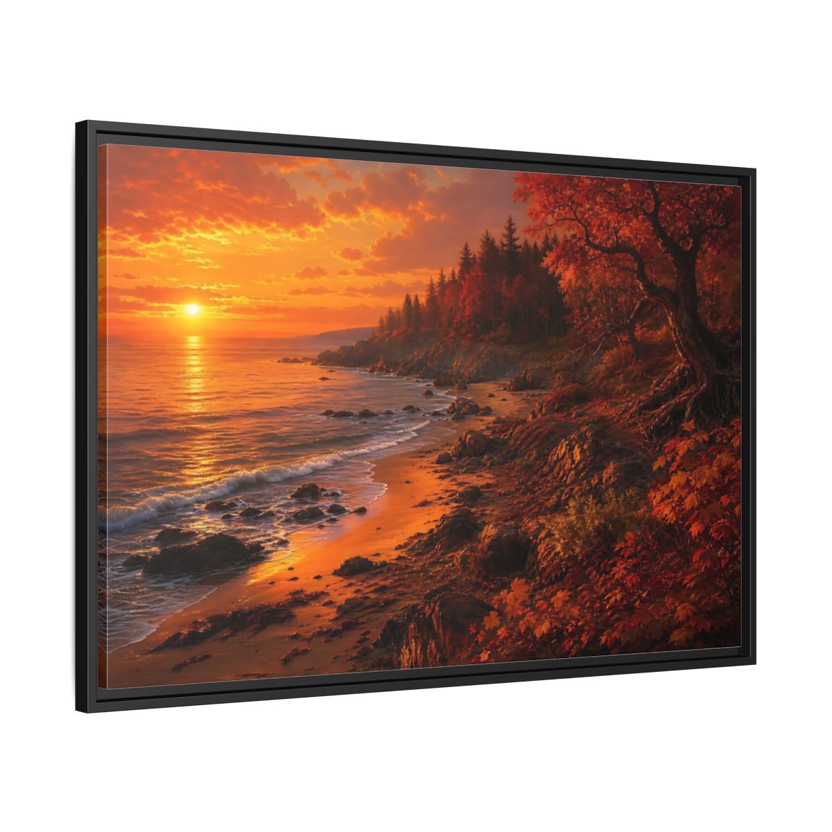 Side Mockup 13. Golden Autumn Shoreline shown as framed canvas print