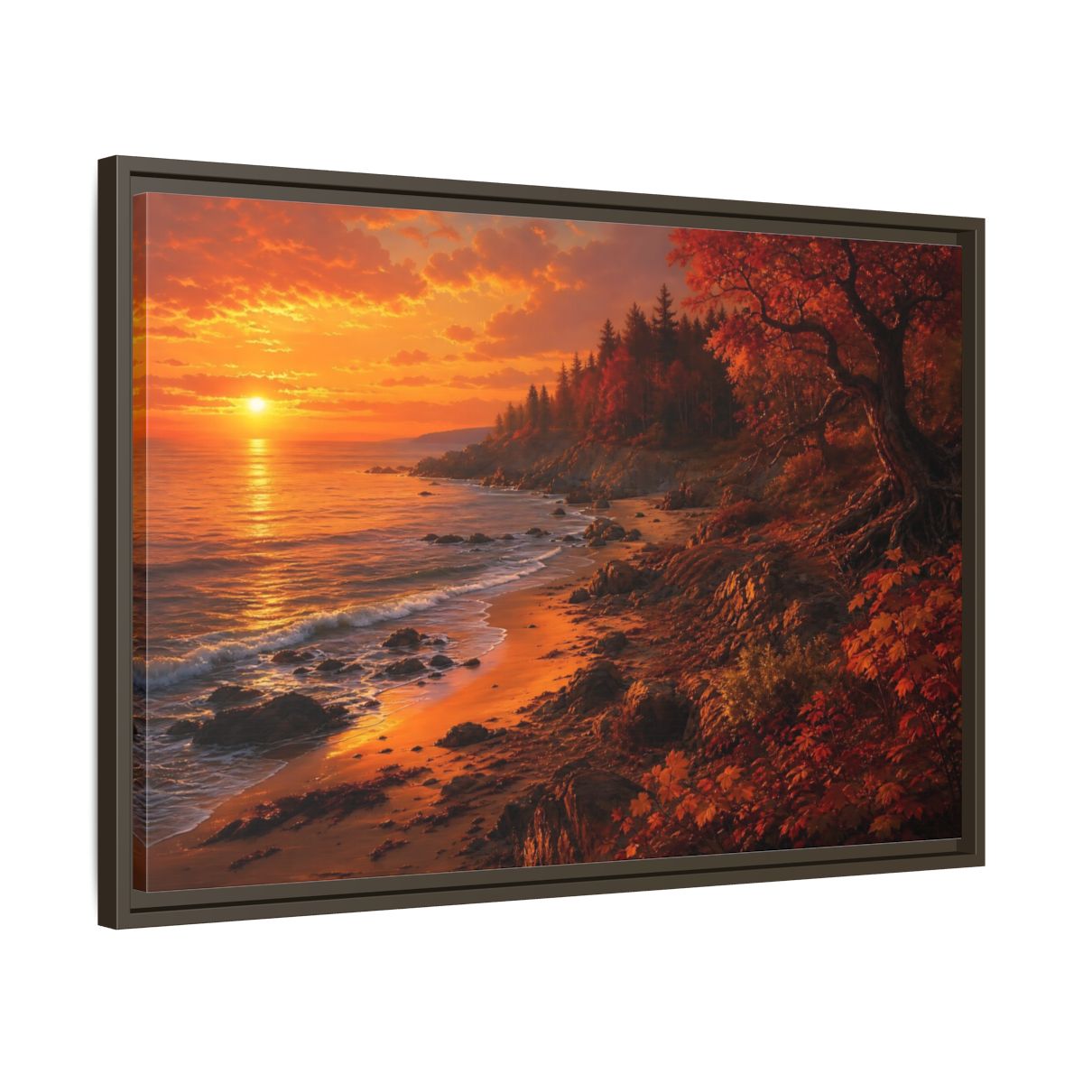 Side Mockup 11. Golden Autumn Shoreline shown as framed canvas print