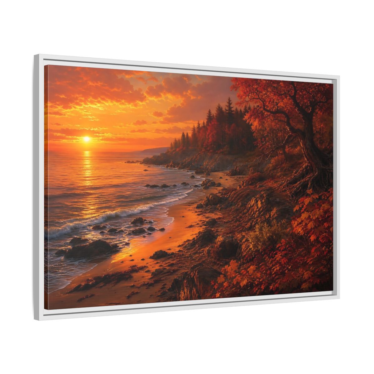 Side Mockup 9. Golden Autumn Shoreline shown as framed canvas print
