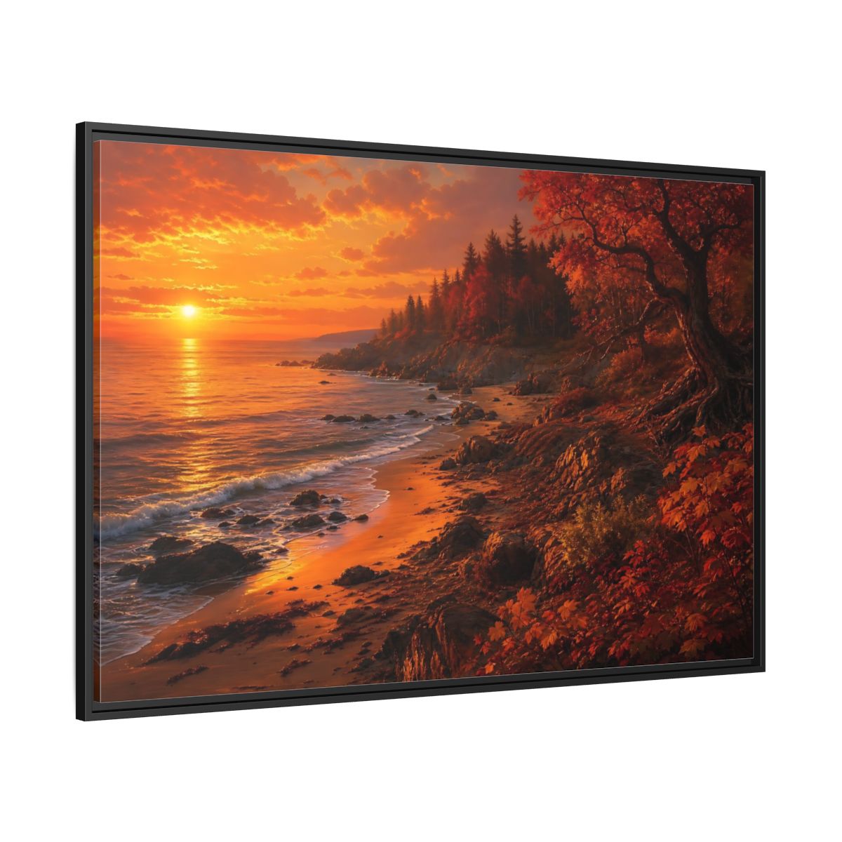 Side Mockup 12. Golden Autumn Shoreline shown as framed canvas print