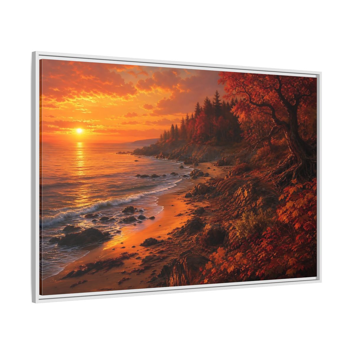 Side Mockup 7. Golden Autumn Shoreline shown as framed canvas print