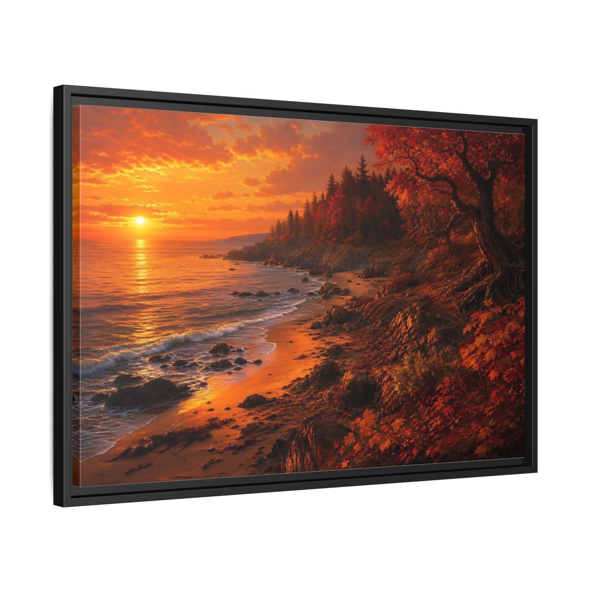 Side Mockup 14. Golden Autumn Shoreline shown as framed canvas print