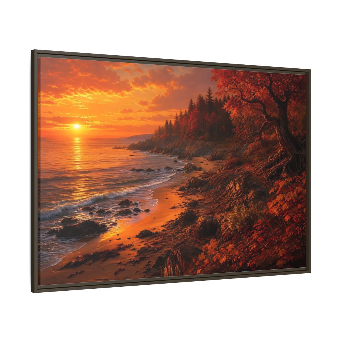 Side Mockup 8. Golden Autumn Shoreline shown as framed canvas print