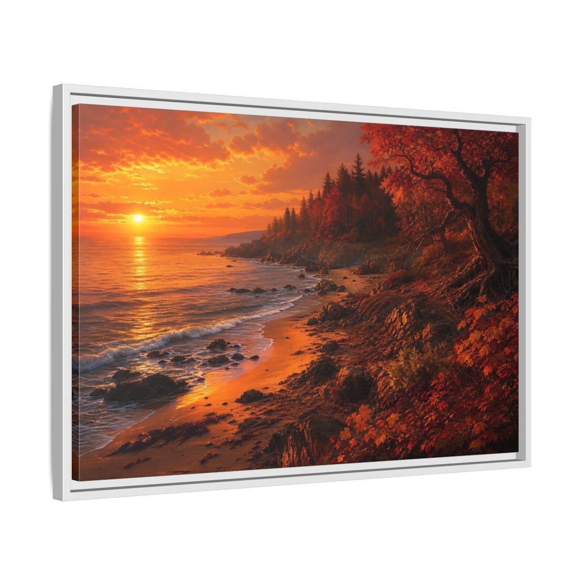 Side Mockup 10. Golden Autumn Shoreline shown as framed canvas print