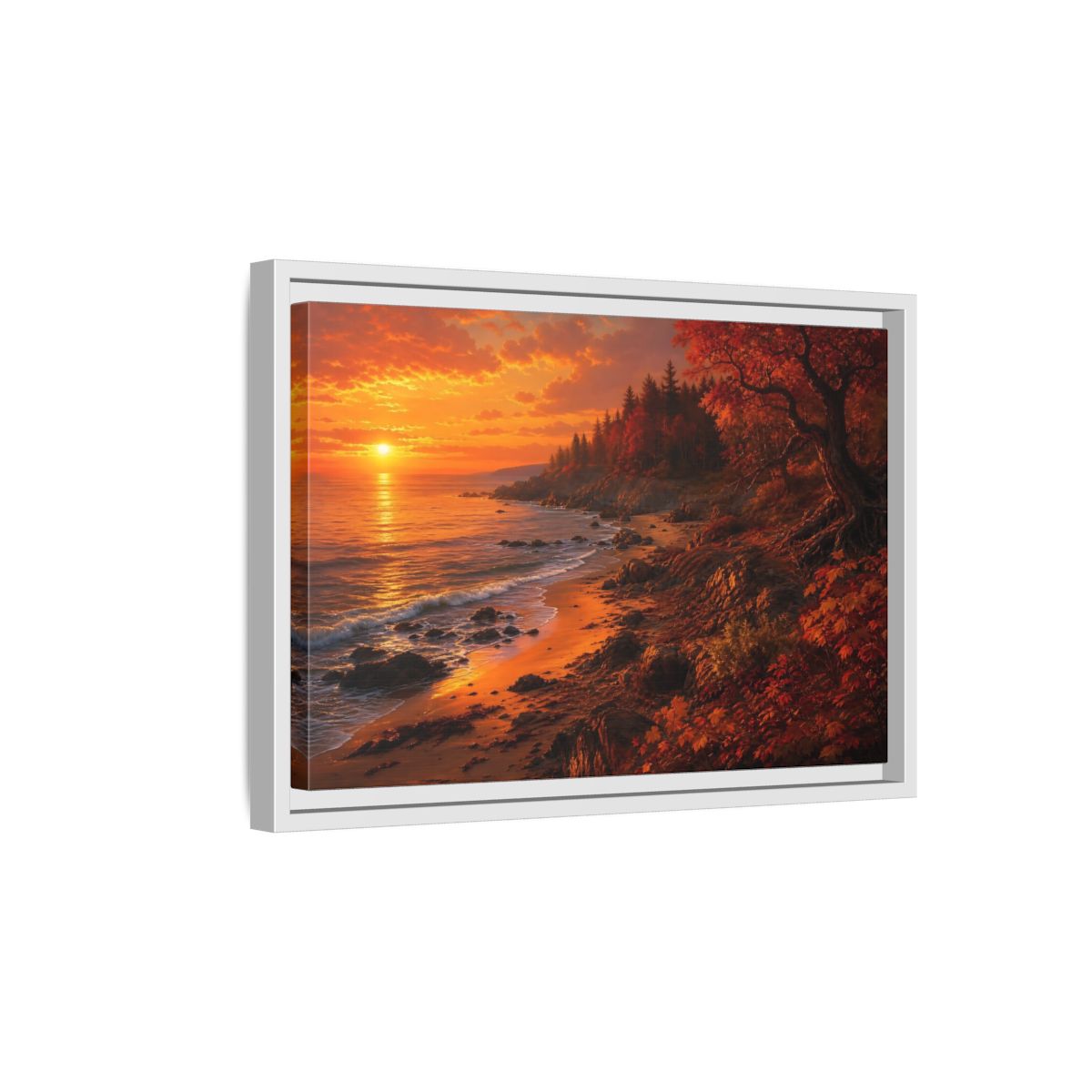 Side Mockup 4. Golden Autumn Shoreline shown as framed canvas print