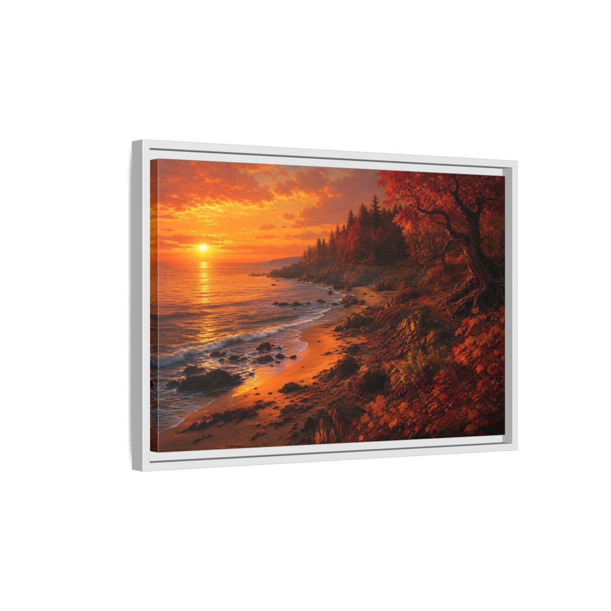 Side Mockup 1. Golden Autumn Shoreline shown as framed canvas print