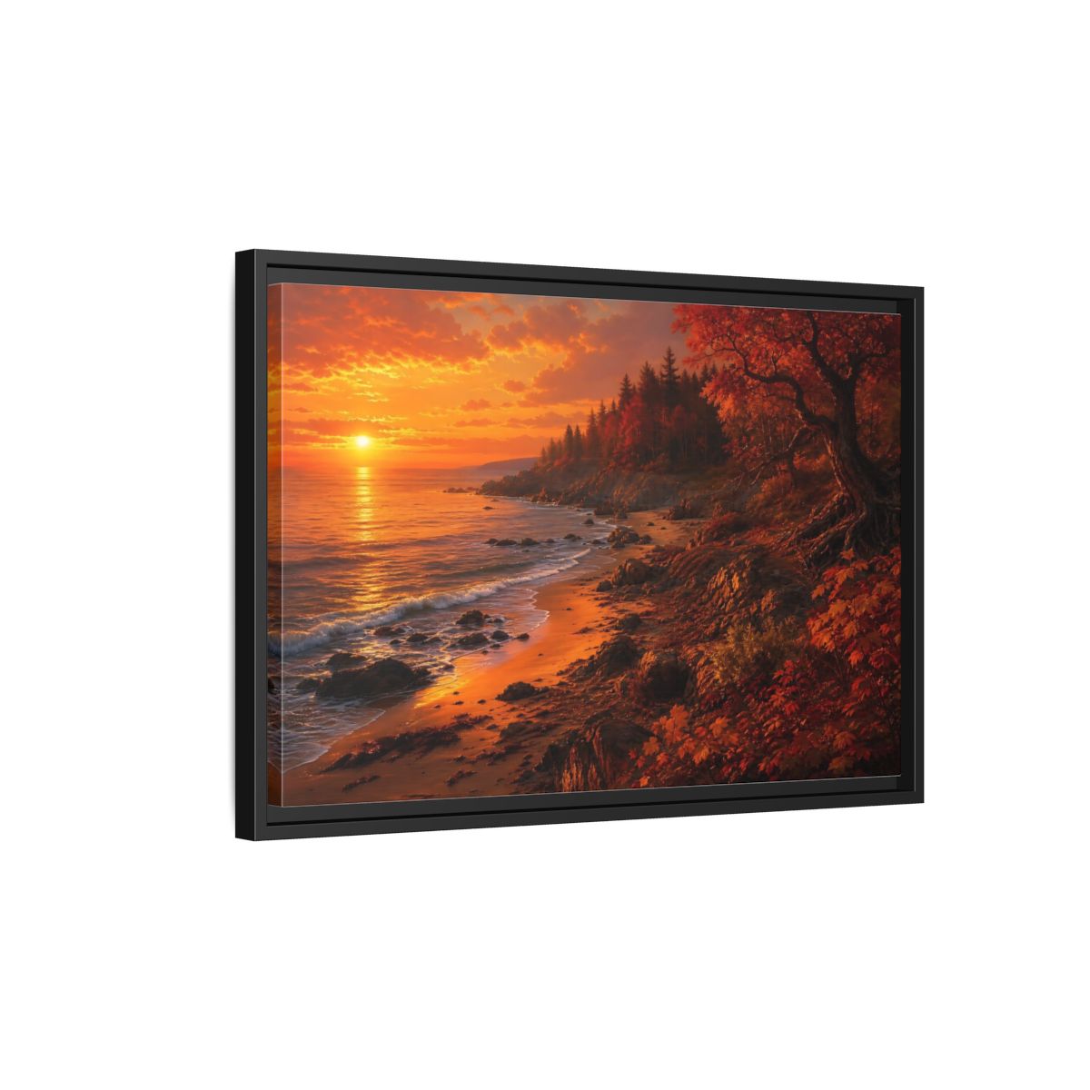Side Mockup 3. Golden Autumn Shoreline shown as framed canvas print