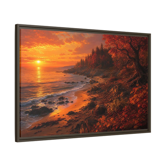 Main Mockup. Golden Autumn Shoreline shown as framed canvas print