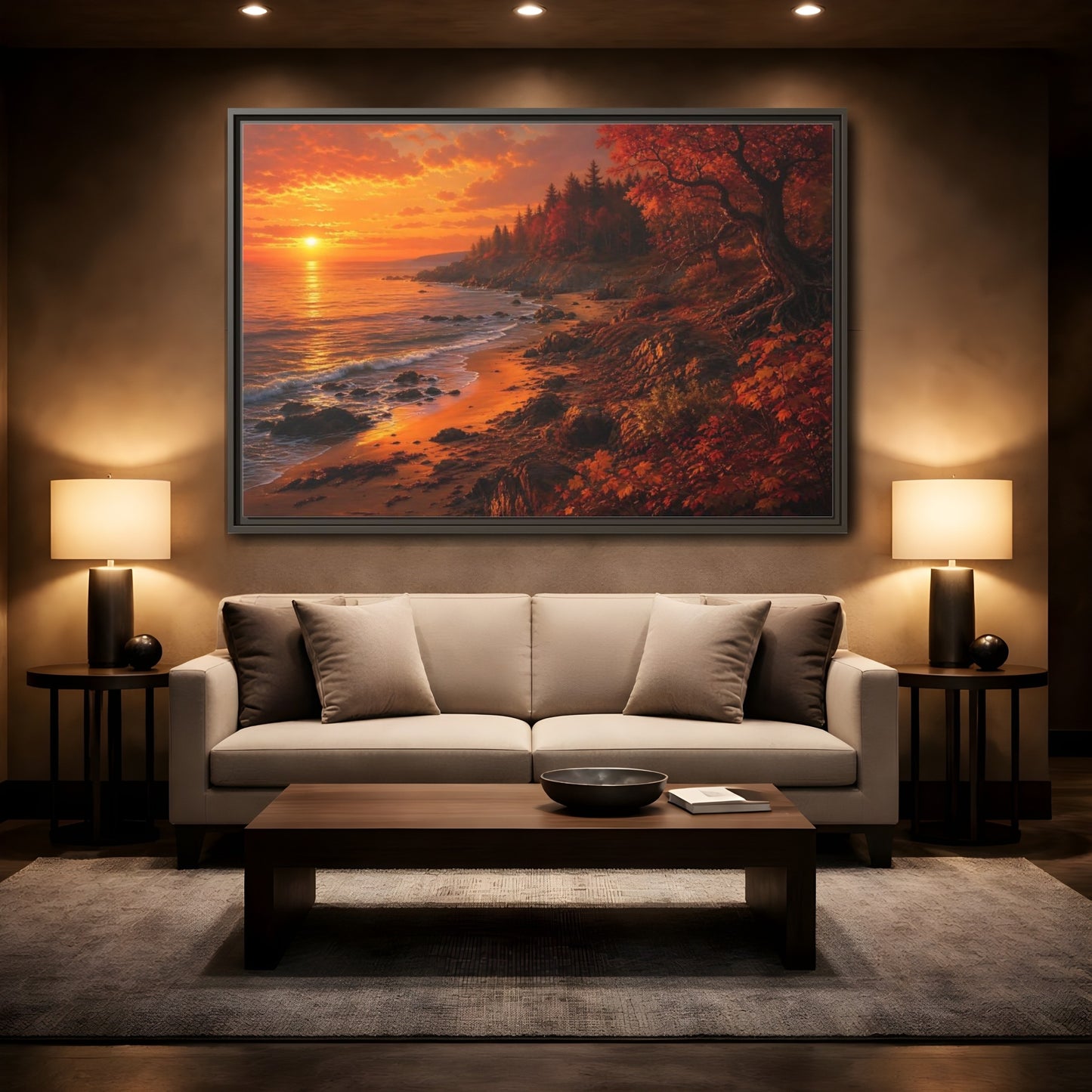 Mockup 2. Golden Autumn Shoreline shown as framed canvas print