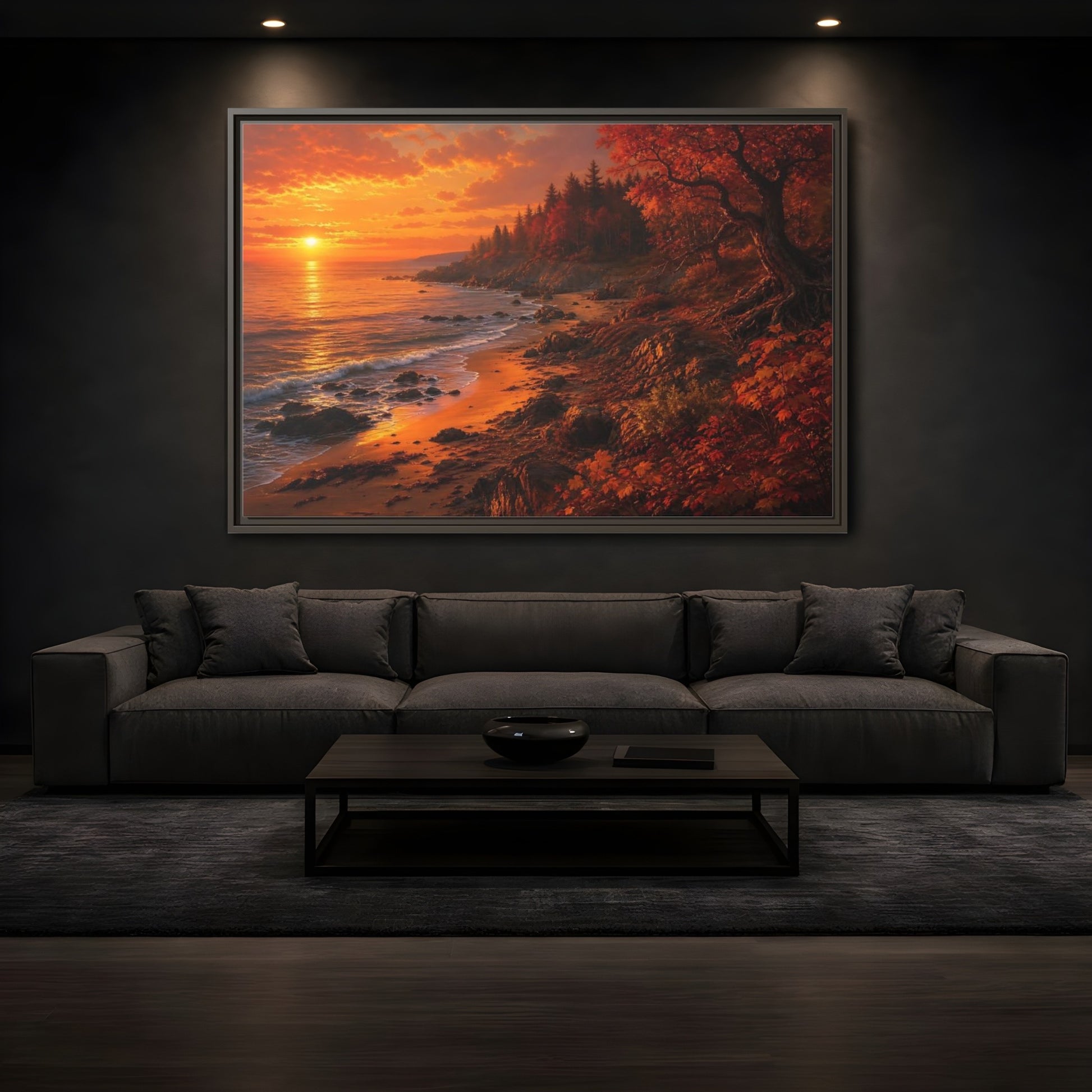 Mockup 3. Golden Autumn Shoreline shown as framed canvas print