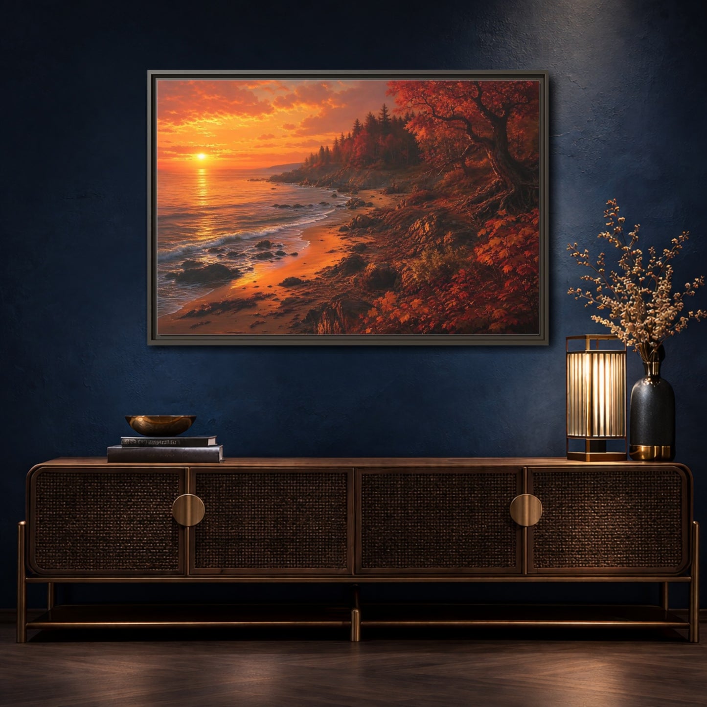 Mockup 4. Golden Autumn Shoreline shown as framed canvas print