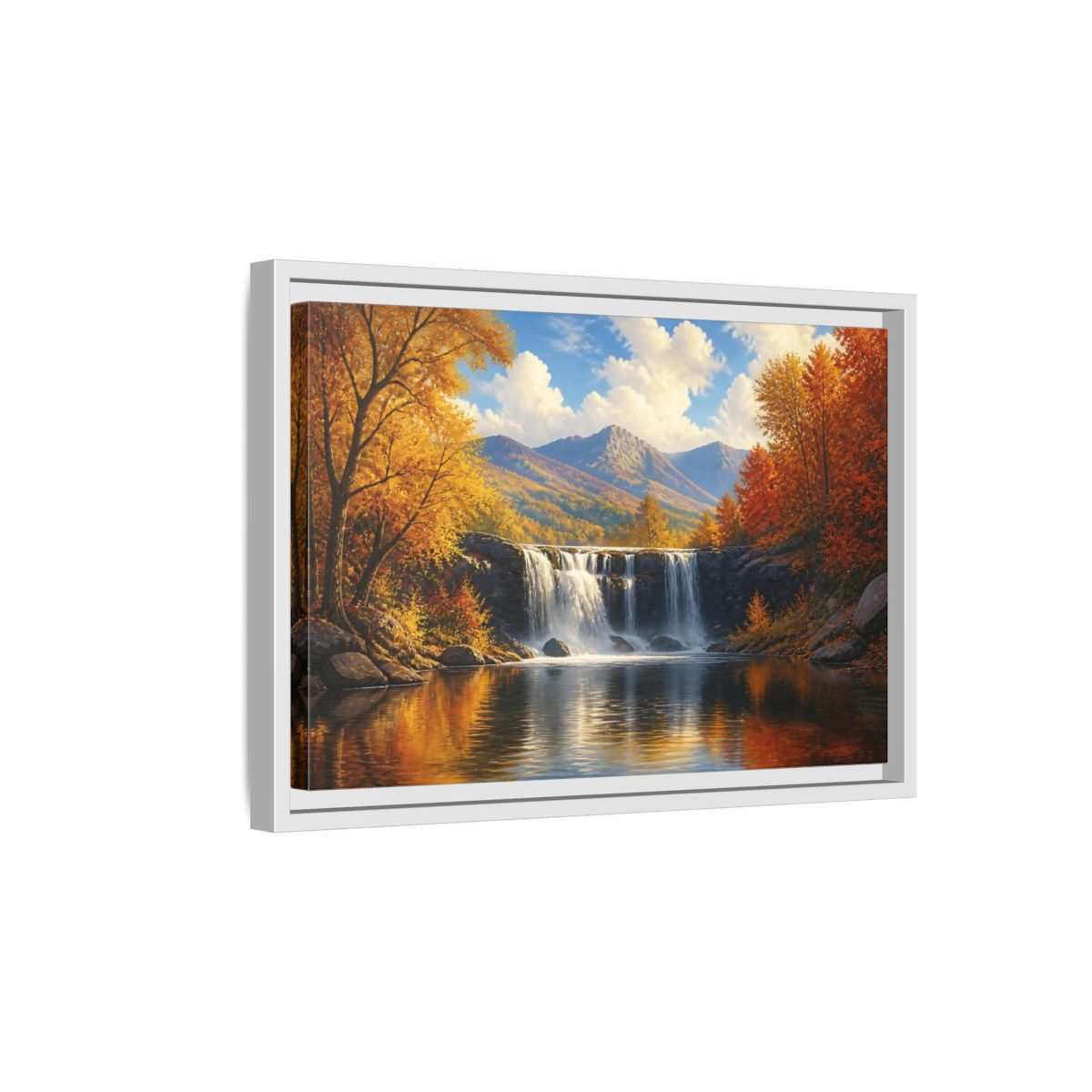 Side Mockup 4. Golden Autumn Waterfall shown as framed canvas print