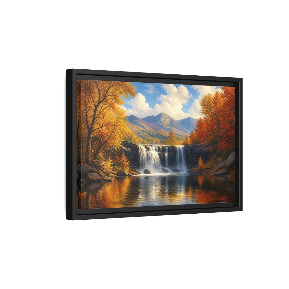 Side Mockup 6. Golden Autumn Waterfall shown as framed canvas print
