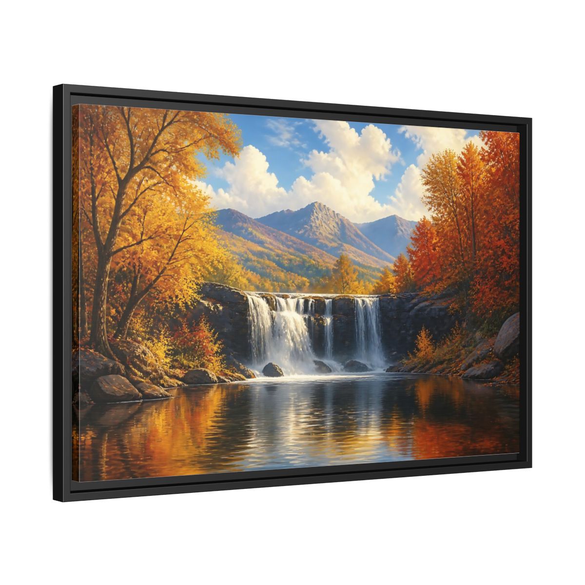 Side Mockup 14. Golden Autumn Waterfall shown as framed canvas print