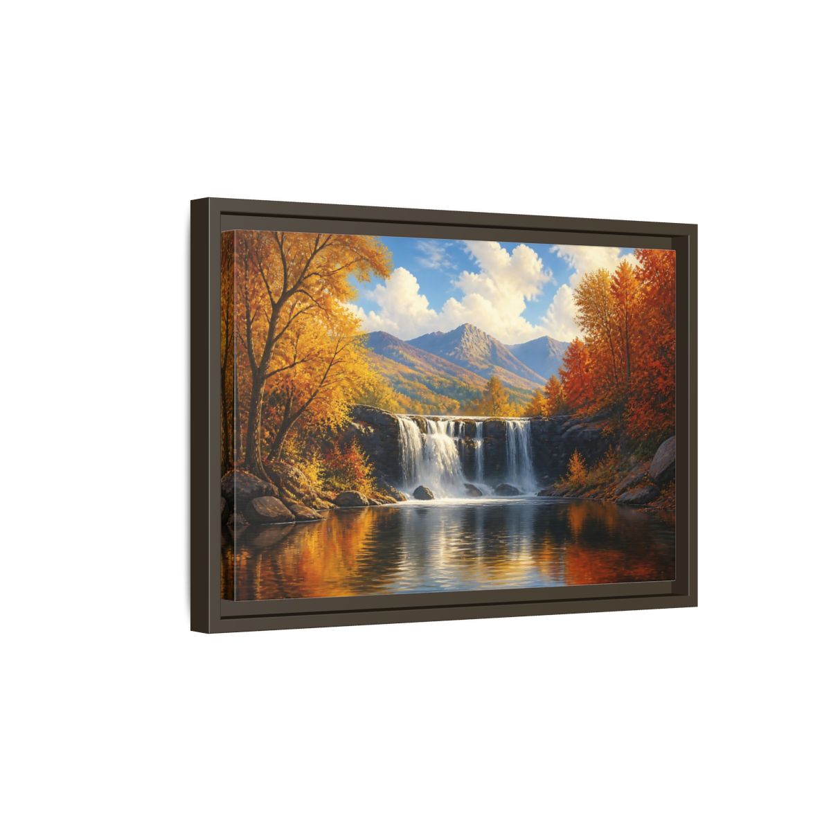 Side Mockup 5. Golden Autumn Waterfall shown as framed canvas print