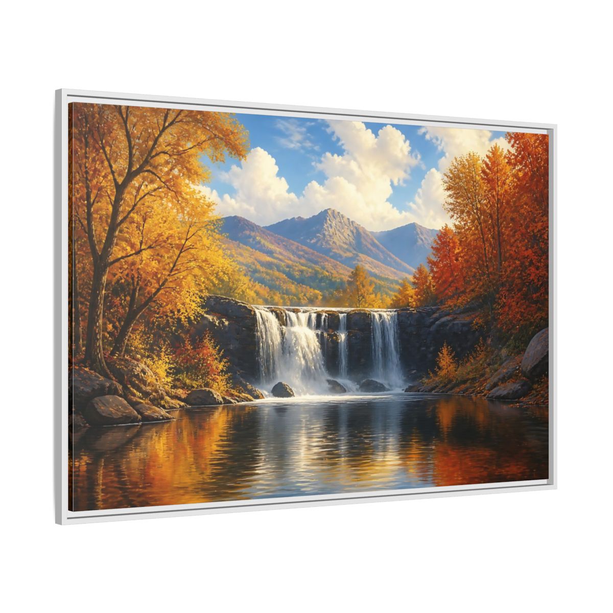 Side Mockup 7. Golden Autumn Waterfall shown as framed canvas print