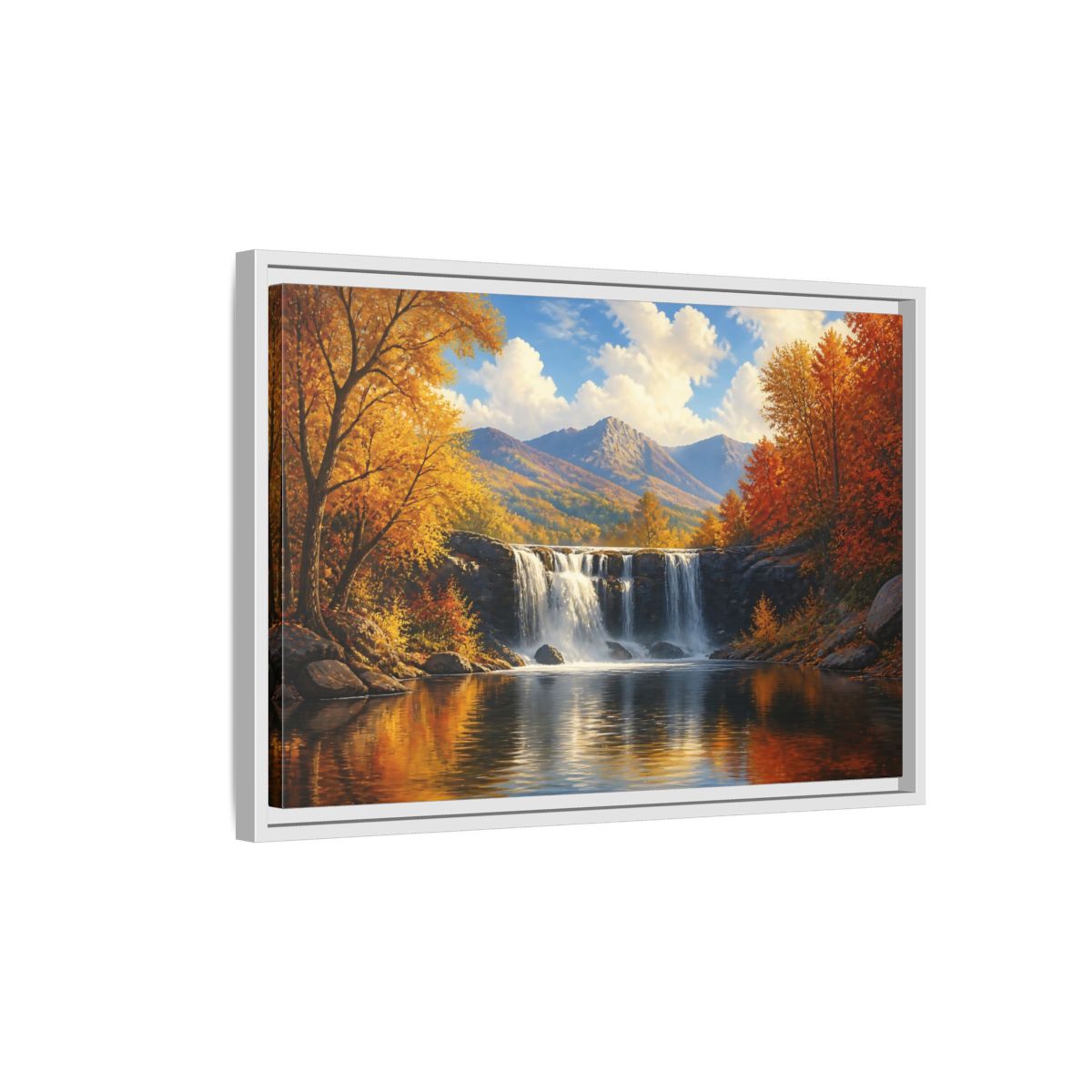 Side Mockup 1. Golden Autumn Waterfall shown as framed canvas print