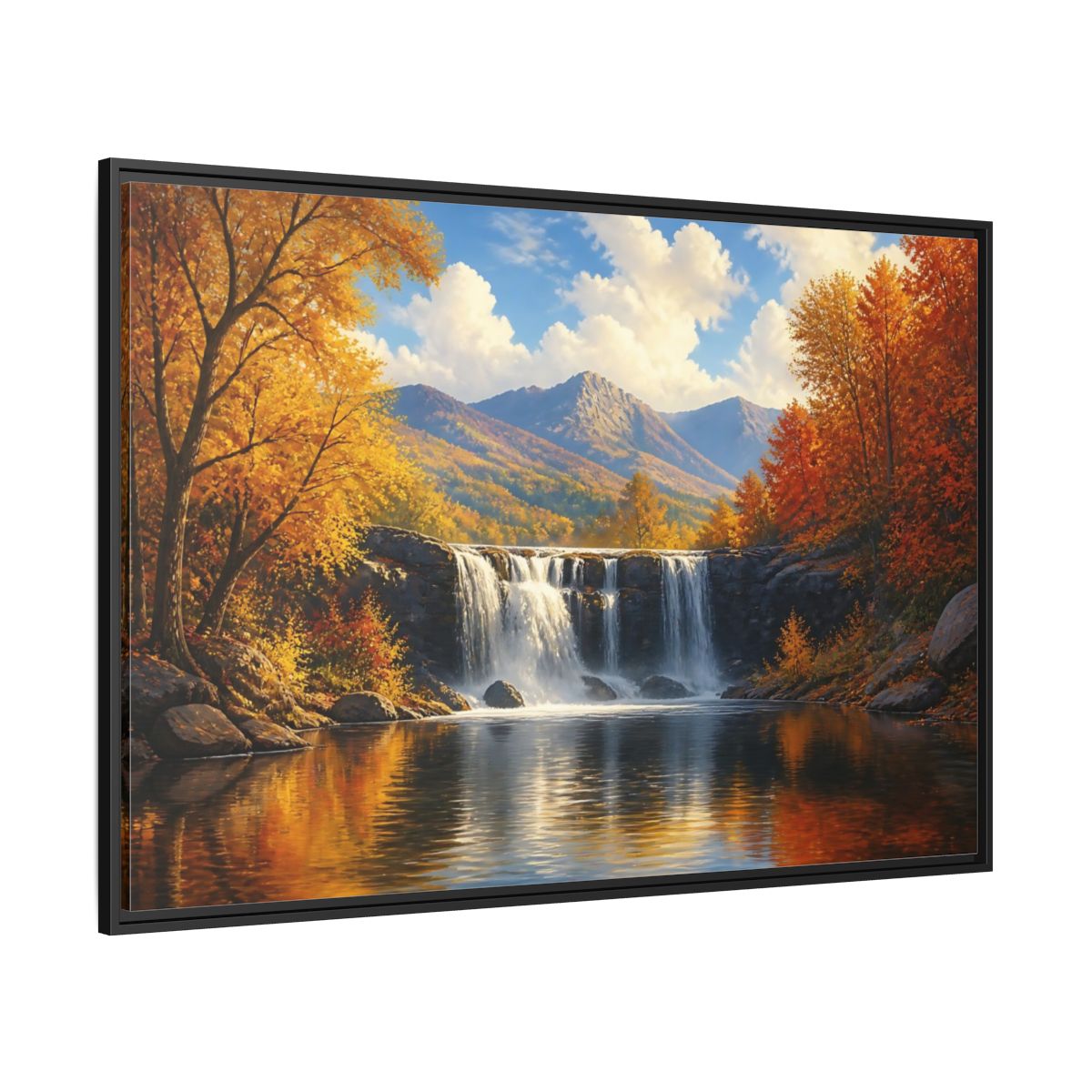 Side Mockup 12. Golden Autumn Waterfall shown as framed canvas print