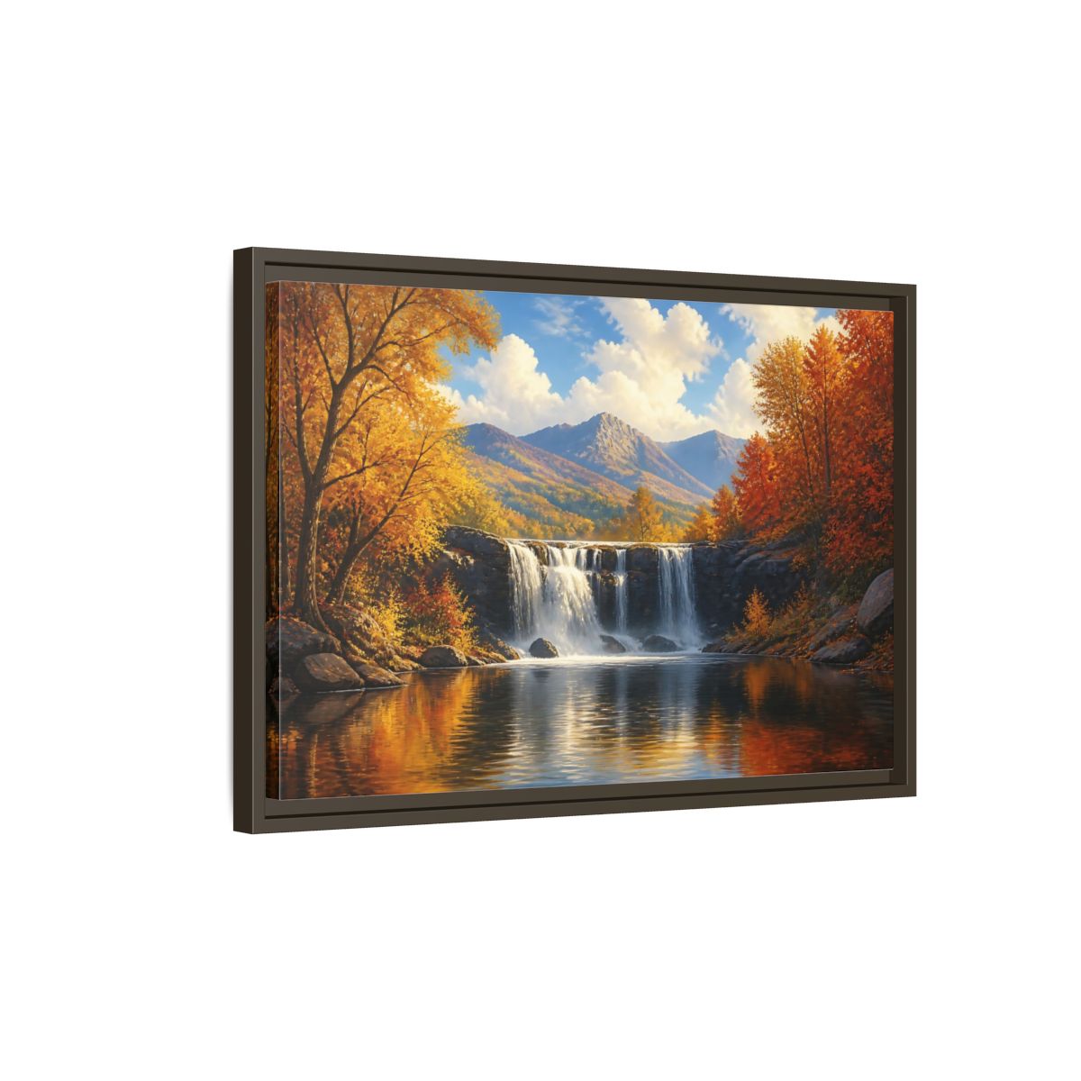 Side Mockup 2. Golden Autumn Waterfall shown as framed canvas print