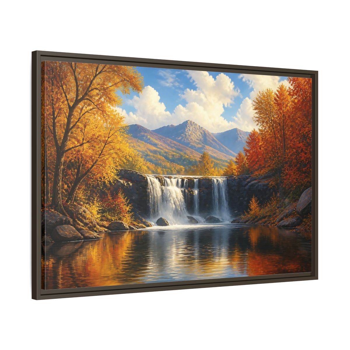 Main Mockup. Golden Autumn Waterfall shown as framed canvas print