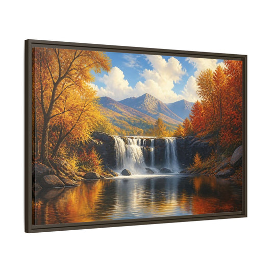 Main Mockup. Golden Autumn Waterfall shown as framed canvas print