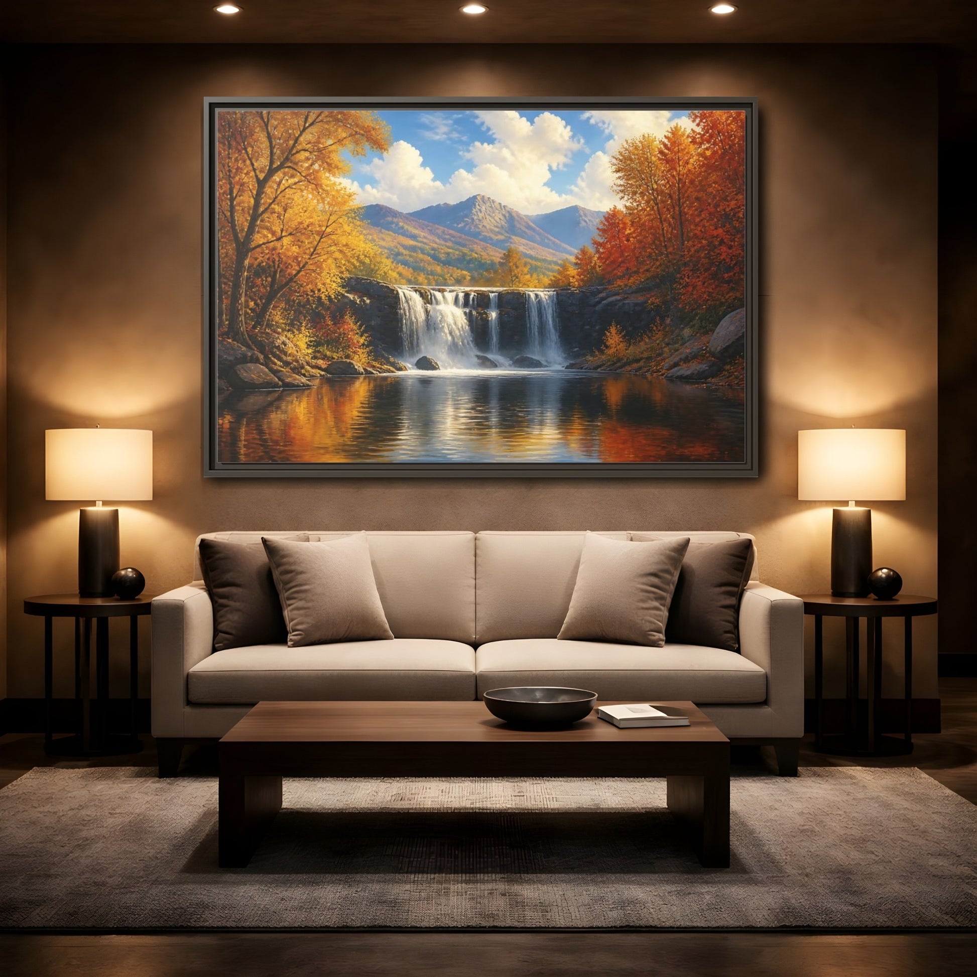 Mockup 2. Golden Autumn Waterfall shown as framed canvas print