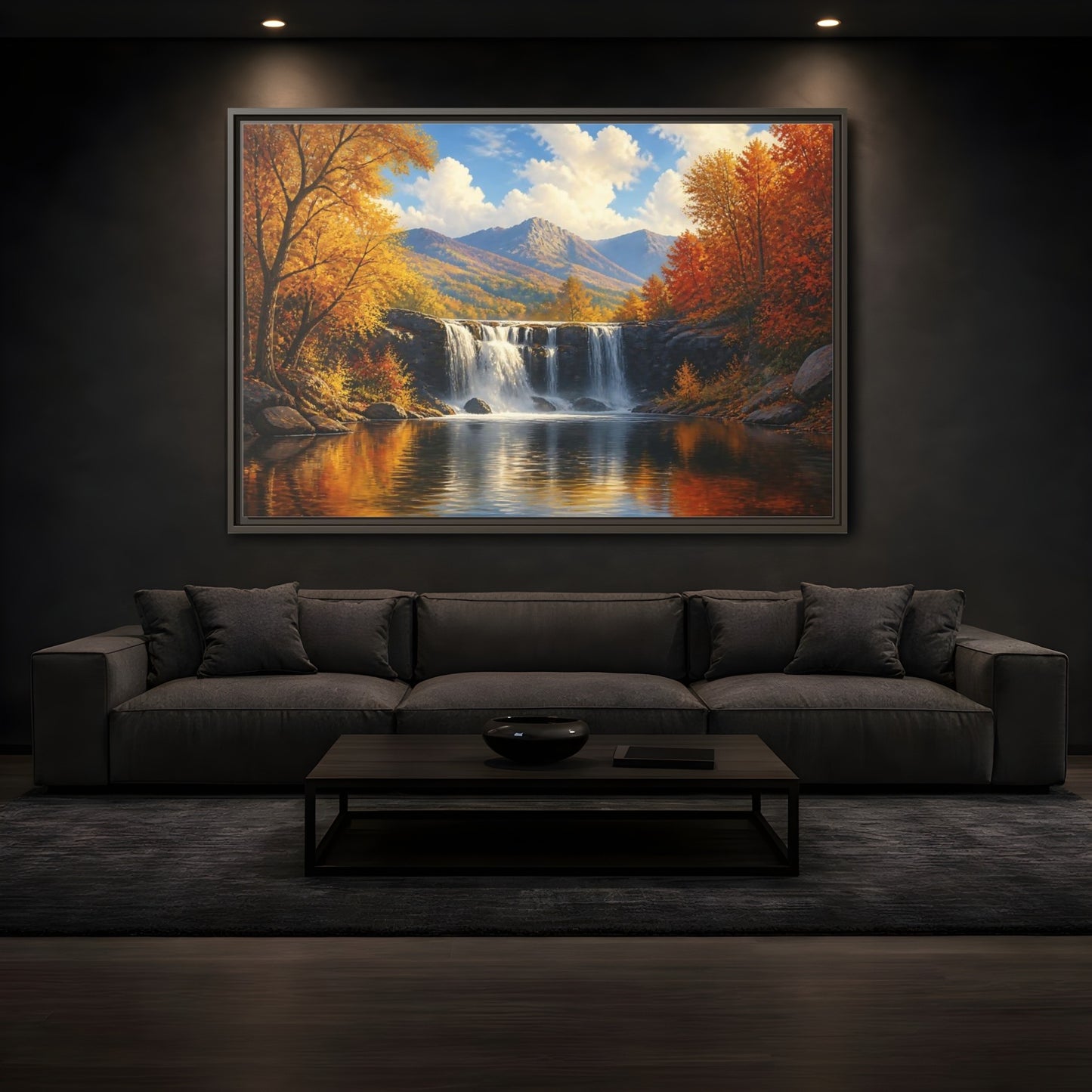Mockup 3. Golden Autumn Waterfall shown as framed canvas print