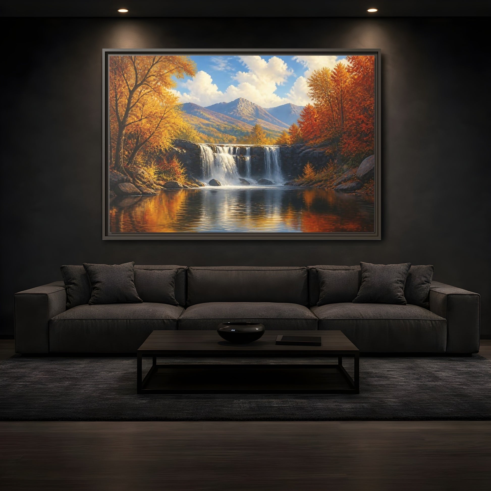 Mockup 3. Golden Autumn Waterfall shown as framed canvas print