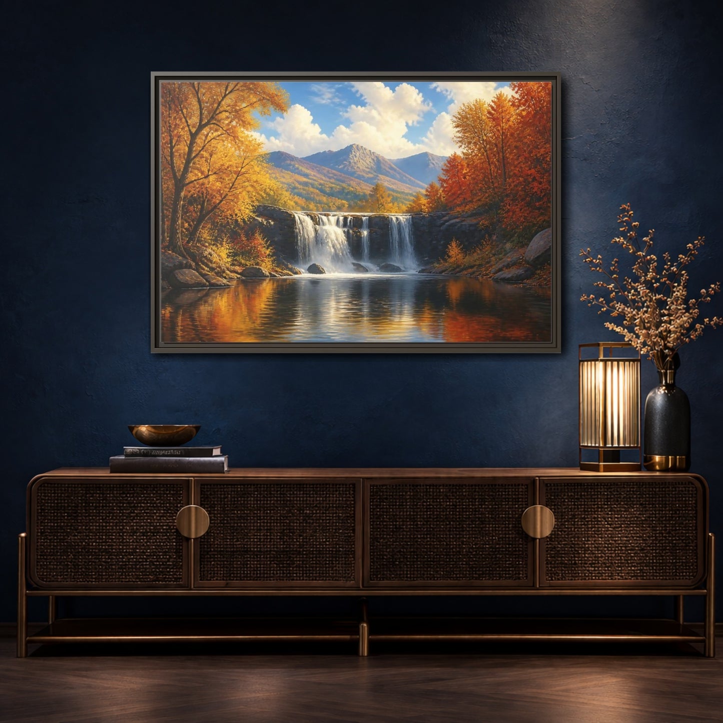 Mockup 4. Golden Autumn Waterfall shown as framed canvas print
